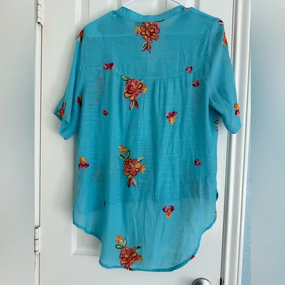 Figueroa & Flower Embroidered Floral Peasant Blouse Med Tunic Top Blue Shirt - Picture 4 of 4
